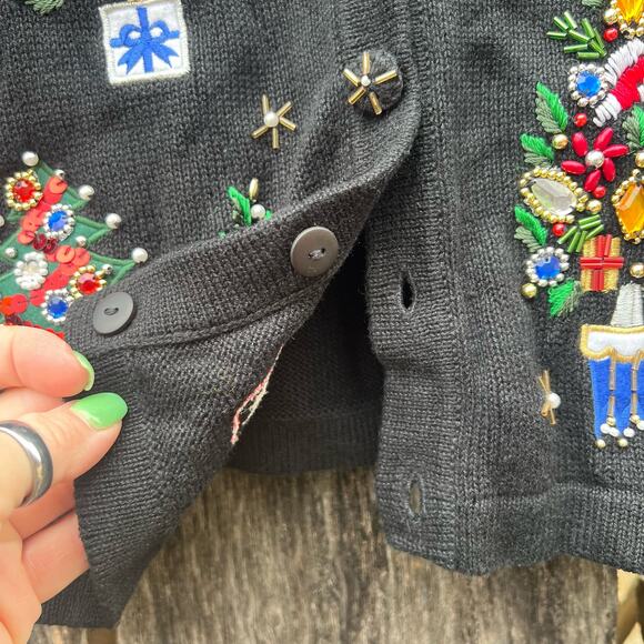 90s Victoria Jones Embroidered Embellished Christmas Tree Ugly Cardigan Sweater - Picture 4 of 6